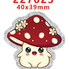 Silver glitter acrylic charm shaped like a cute, round, white creature with a red spotted mushroom top.