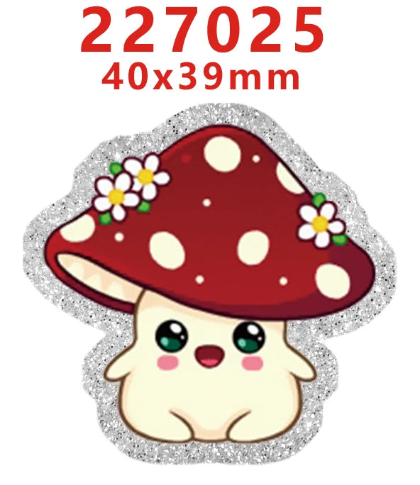 Silver glitter acrylic charm shaped like a cute, round, white creature with a red spotted mushroom top.