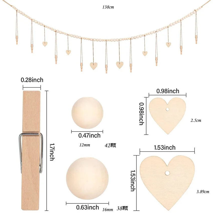 A wooden photo display garland featuring heart-shaped beads and a wooden photo strip holder.