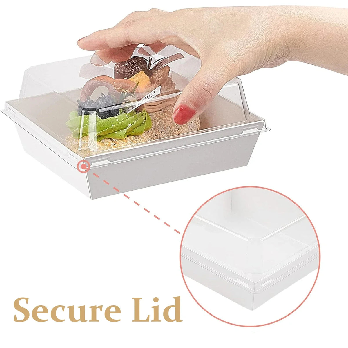 A hand is opening a clear lidded paper sandwich box containing food, demonstrating the secure lid feature.