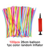 A bundle of 100 assorted latex balloons with a random color inflator shown next to them.
