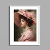 A portrait of a woman wearing a large pink floral hat and a sheer white collar, painted in soft tones.