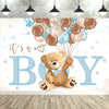 A light blue and brown watercolor design featuring balloons and the text It's a Boy