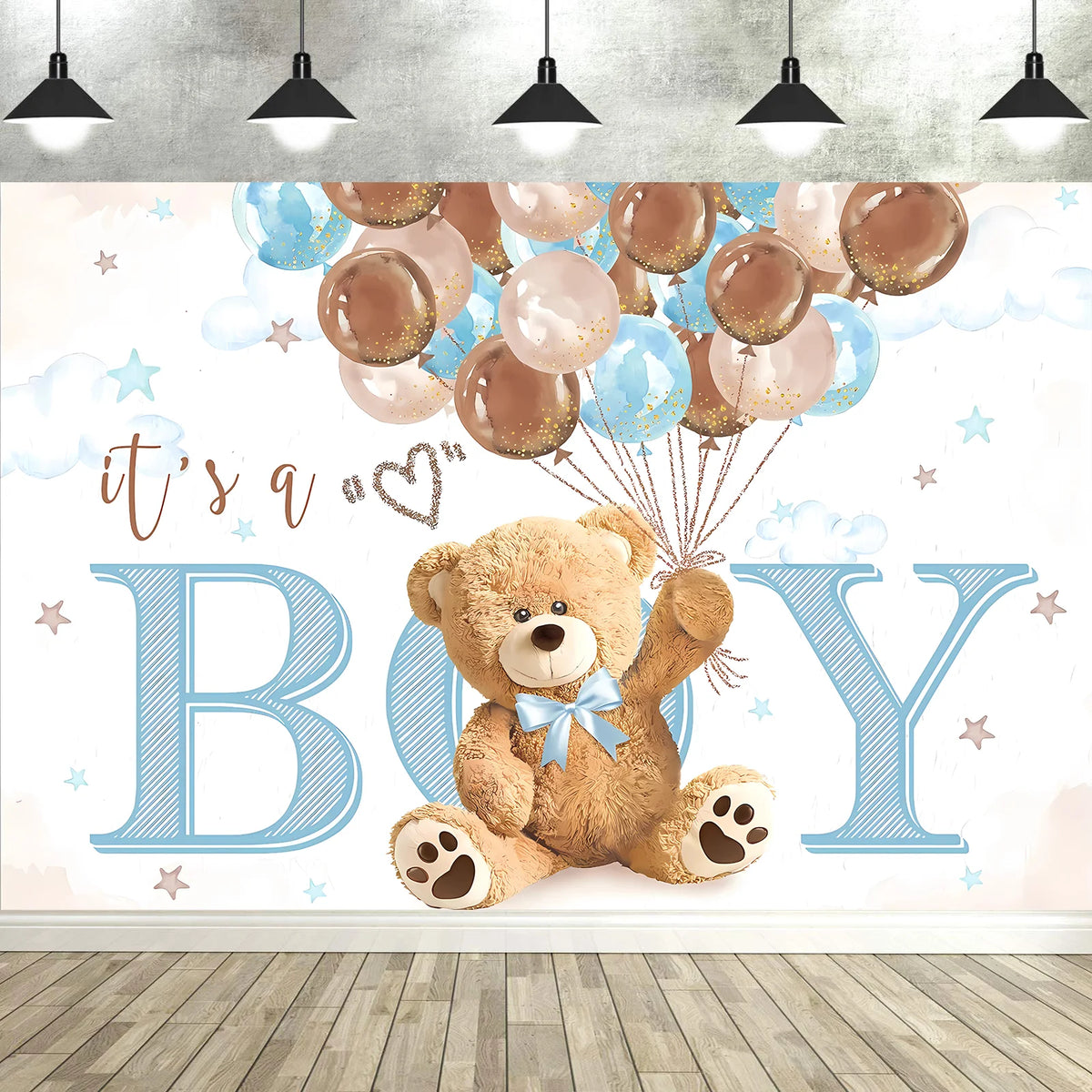A light blue and brown watercolor design featuring balloons and the text It's a Boy