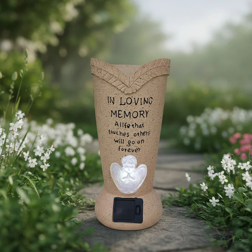 A terracotta vase shaped like a stylized leaf holds a small LED light, used for a solar grave memorial.