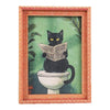 A framed print featuring a black cat looking over a newspaper, set against a green background.