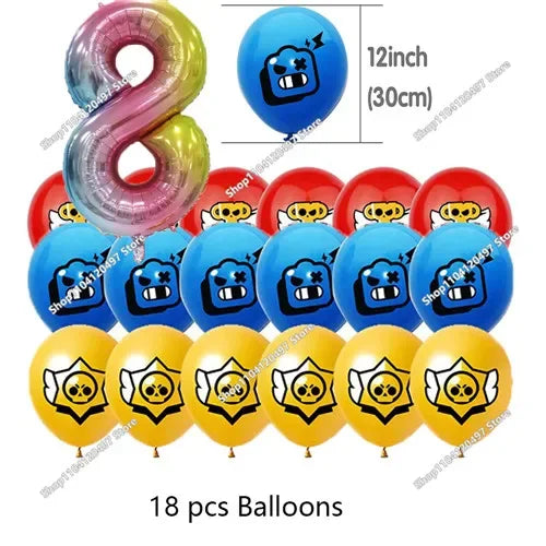 A set of 18 balloons featuring a blue and black character design, including a large spiral balloon and smaller round balloons