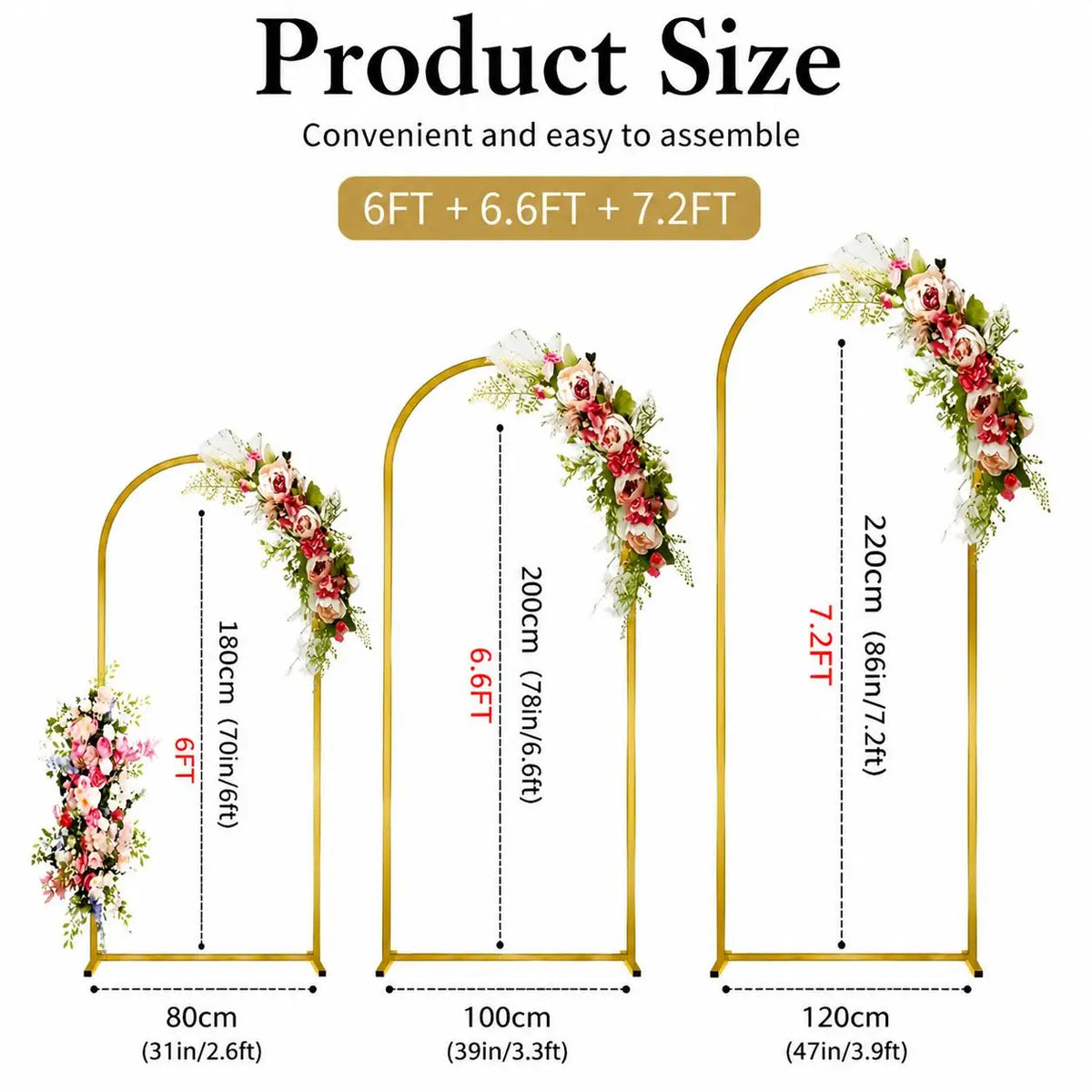 Three gold metal arch backdrop stands showing various sizes including 6FT, 6.6FT, and 7.2FT.