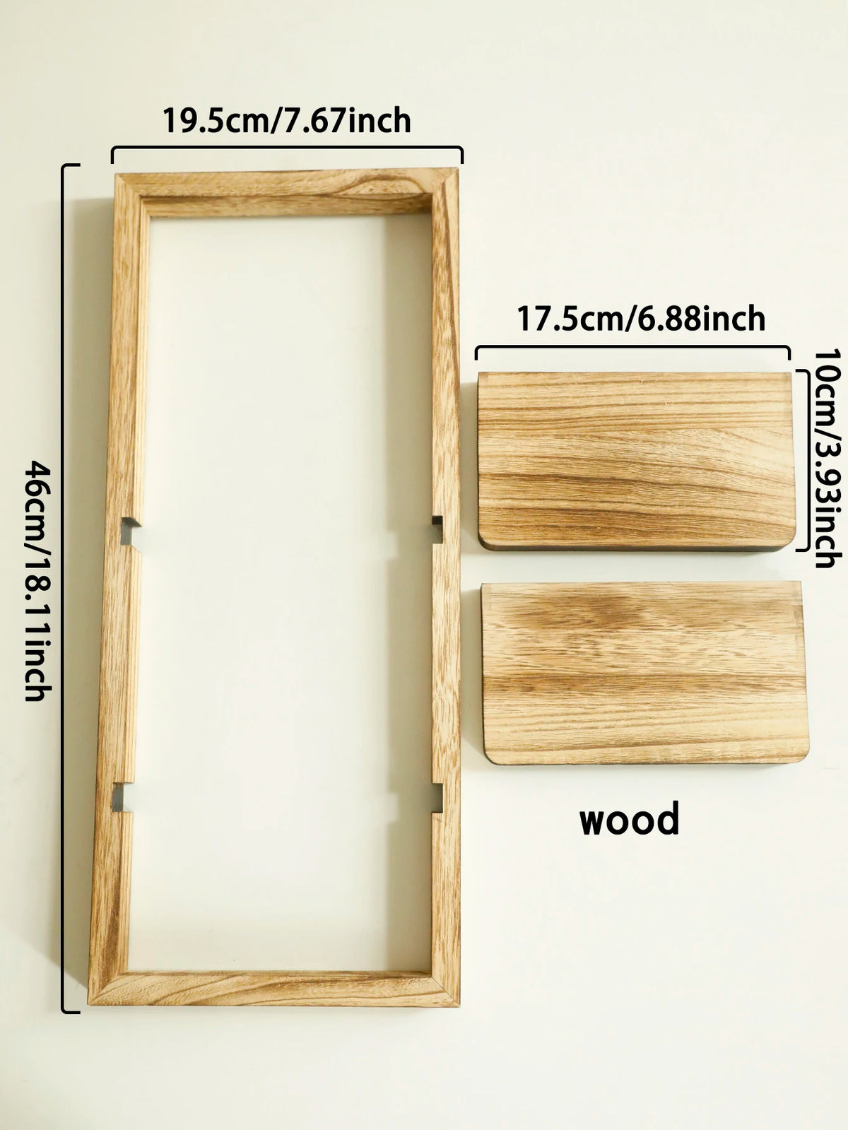 A wooden floating shelf with a rectangular frame and two attached wooden planks for plants or decor.