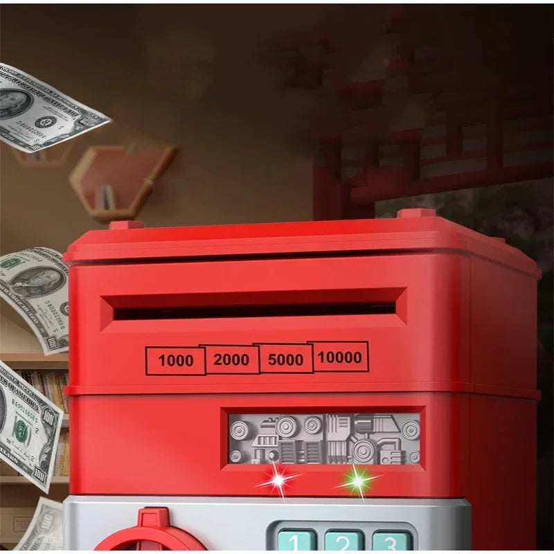 A red interactive roll-up piggy bank with slots for currency and a display panel.