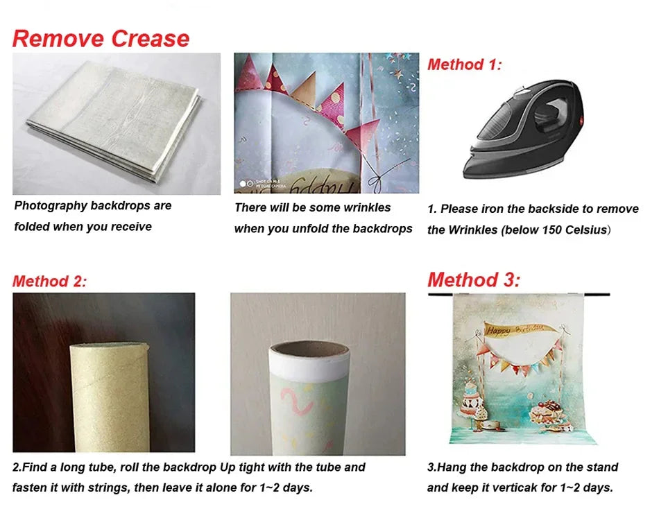 Instructions for removing creases from a custom vinyl photo backdrop using three methods.