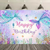 A vibrant watercolor backdrop featuring a mermaid tail, sparkling water, and floral elements for a birthday celebration.