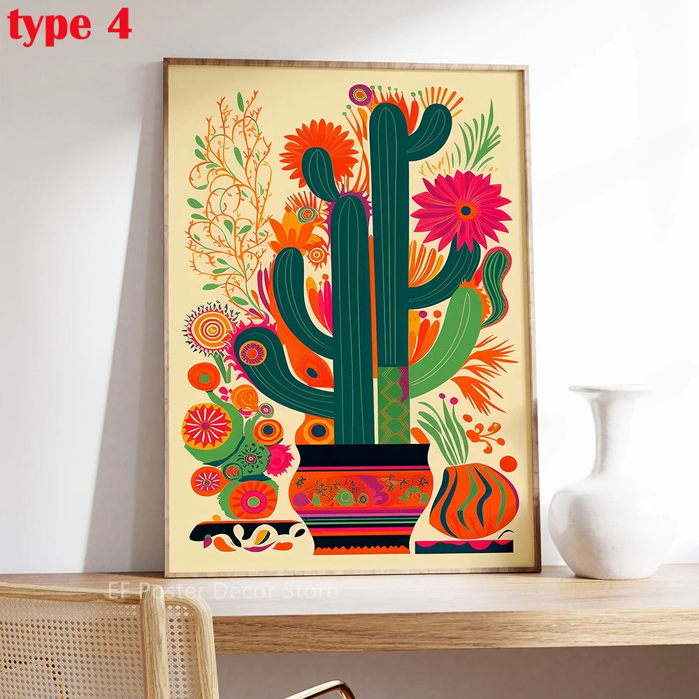 A vertical poster featuring a large green cactus with pink flowers and vibrant floral elements on a light background.