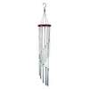 A hanging wind chime set featuring twelve tubes of aluminum with gold and silver bells.