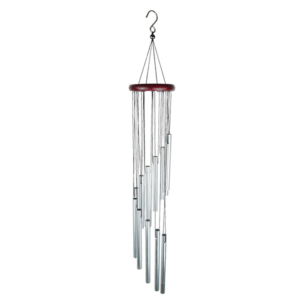 A hanging wind chime set featuring twelve tubes of aluminum with gold and silver bells.