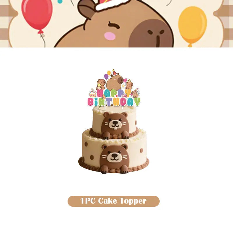 A single cake topper featuring a cute brown capybara character with a birthday banner.