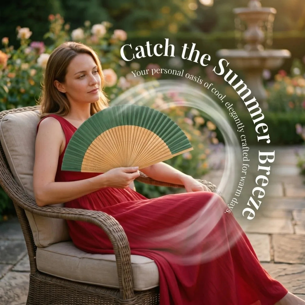 A woman in a red dress holds an elegant bamboo folding fan outdoors enjoying a summer breeze.