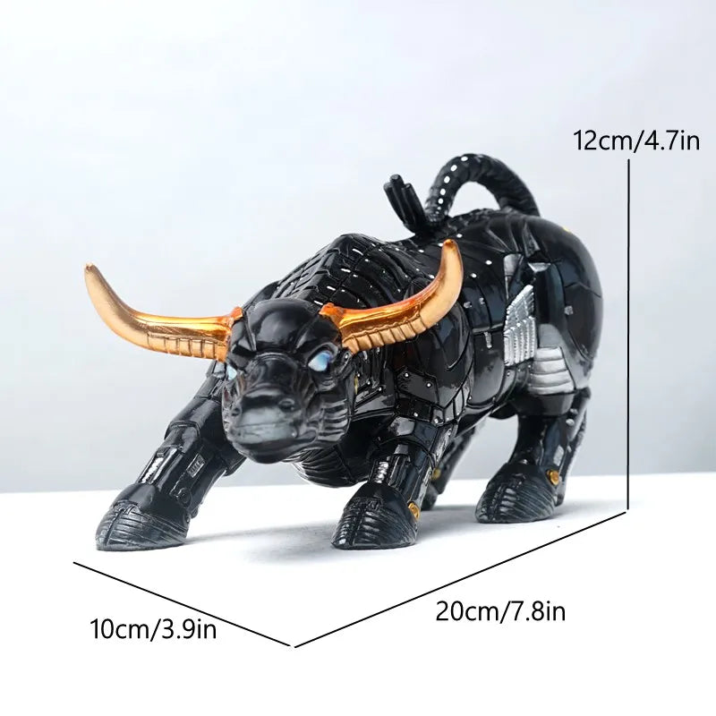 A black and gold modern animal sculpture resembling a bull or ox, shown from the side.