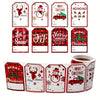 A roll of Christmas present stickers featuring various holiday themes like Santa, reindeer, and festive greetings.