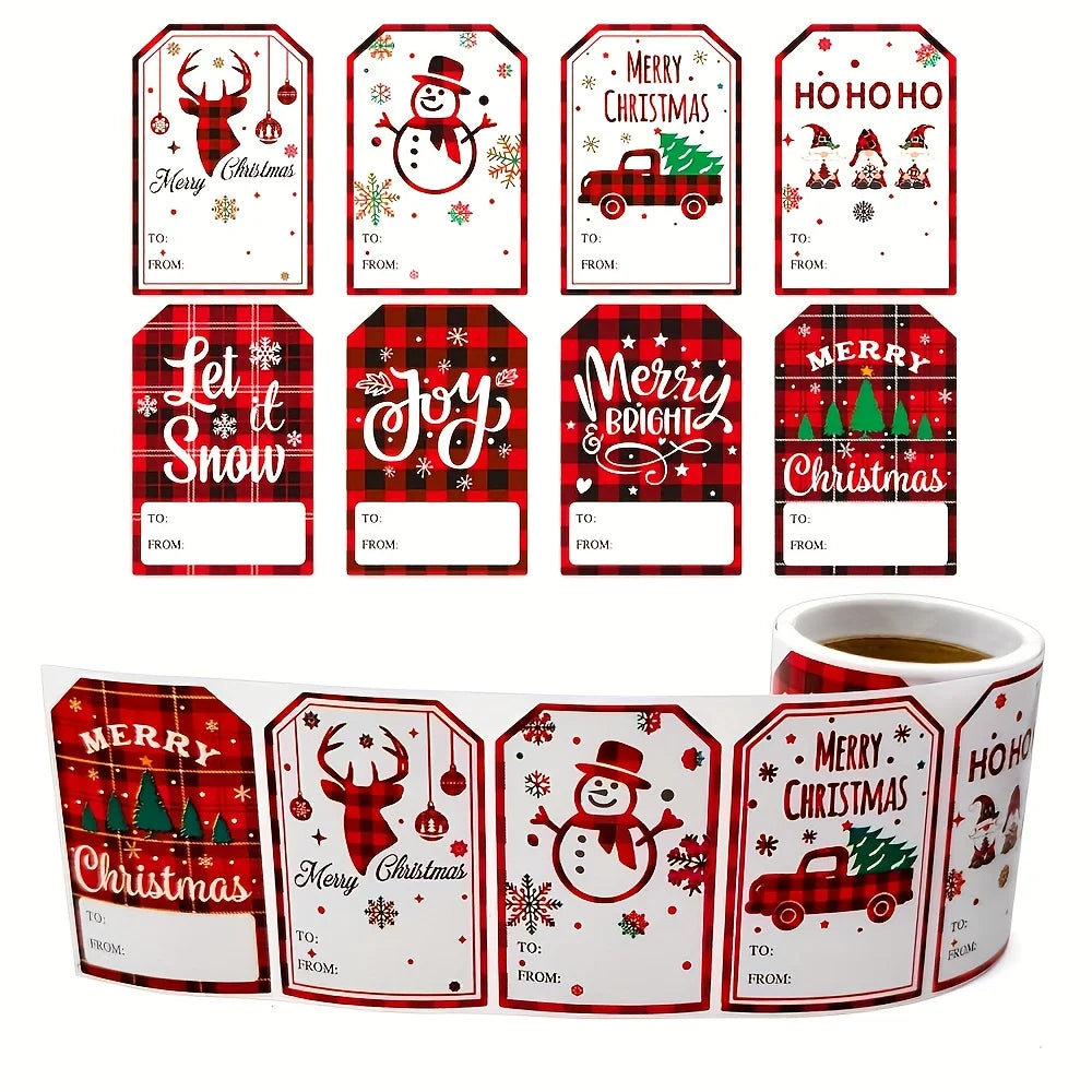 A roll of Christmas present stickers featuring various holiday themes like Santa, reindeer, and festive greetings.