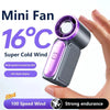 A hand holds a purple and silver mini fan with a digital display, demonstrating its strong wind capability.