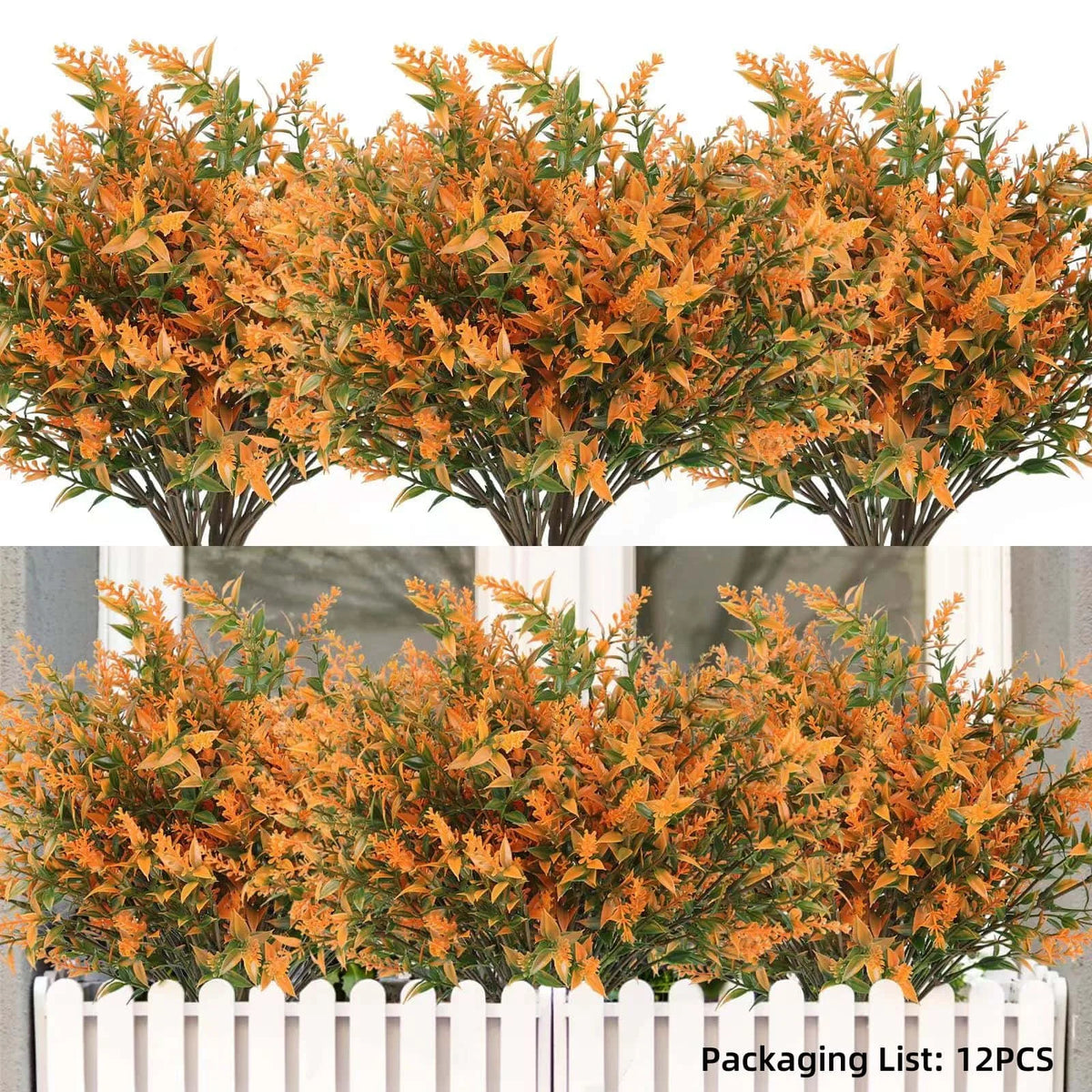Artificial lavender stems in shades of orange and yellow used for outdoor decor