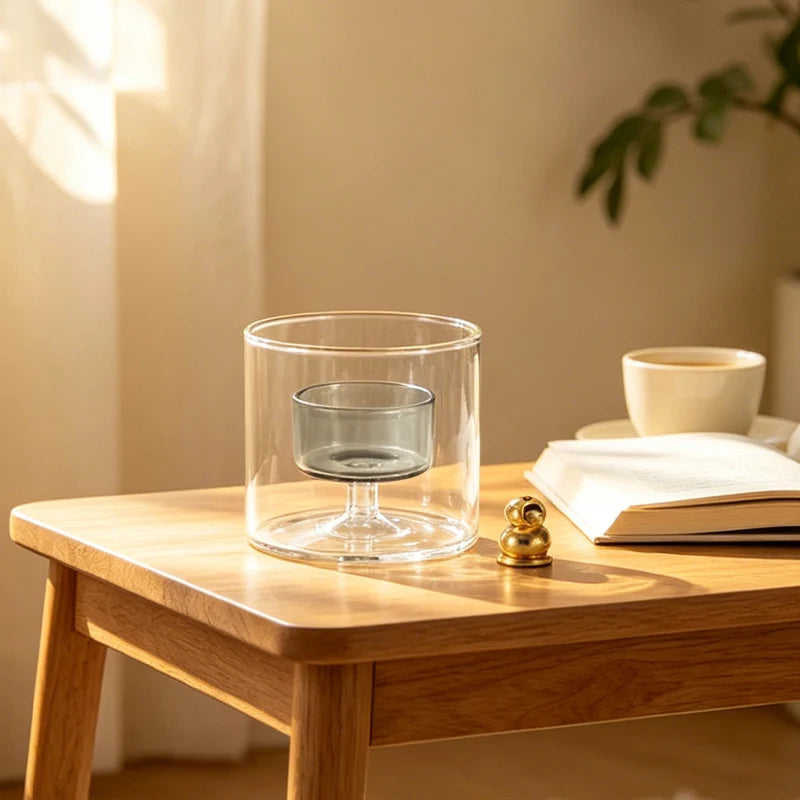 A clear gourd-shaped glass incense burner with an ash catcher sits on a wooden table next to a gold-colored object.