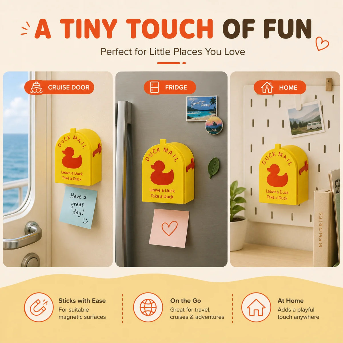 Yellow magnetic mailbox with a duck design attached to a door, fridge, and home setting.