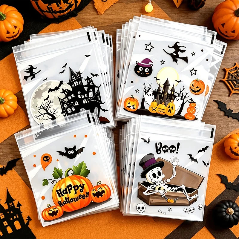 A stack of clear self-adhesive treat bags featuring Halloween designs like bats, pumpkins, and spooky silhouettes.