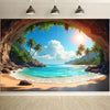 A tropical beach scene with turquoise water, white sand, palm trees, and a natural rock archway.