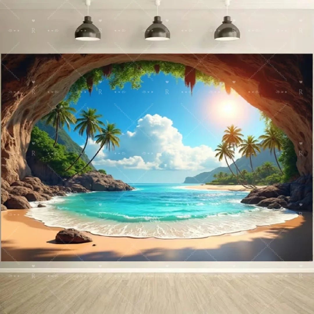 A tropical beach scene with turquoise water, white sand, palm trees, and a natural rock archway.