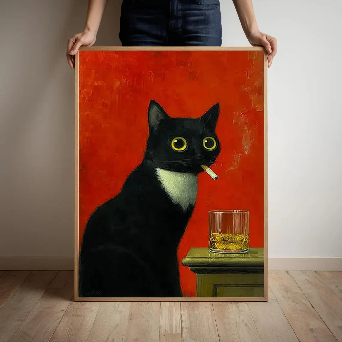A painting of a black cat smoking, set against an orange background, displayed in a wooden frame.