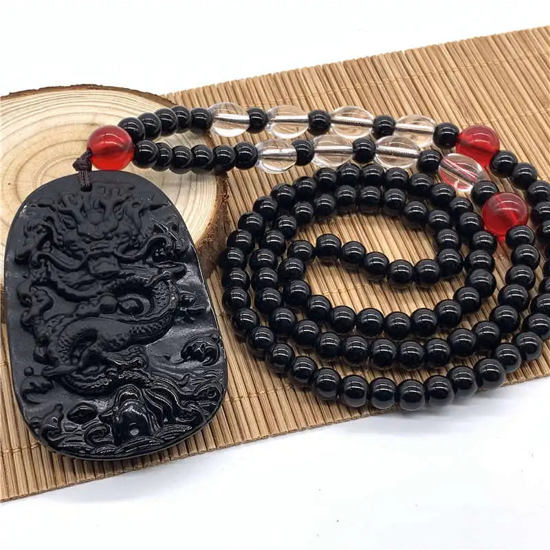 Amitabha Buddha Carved Obsidian Pendant Necklace