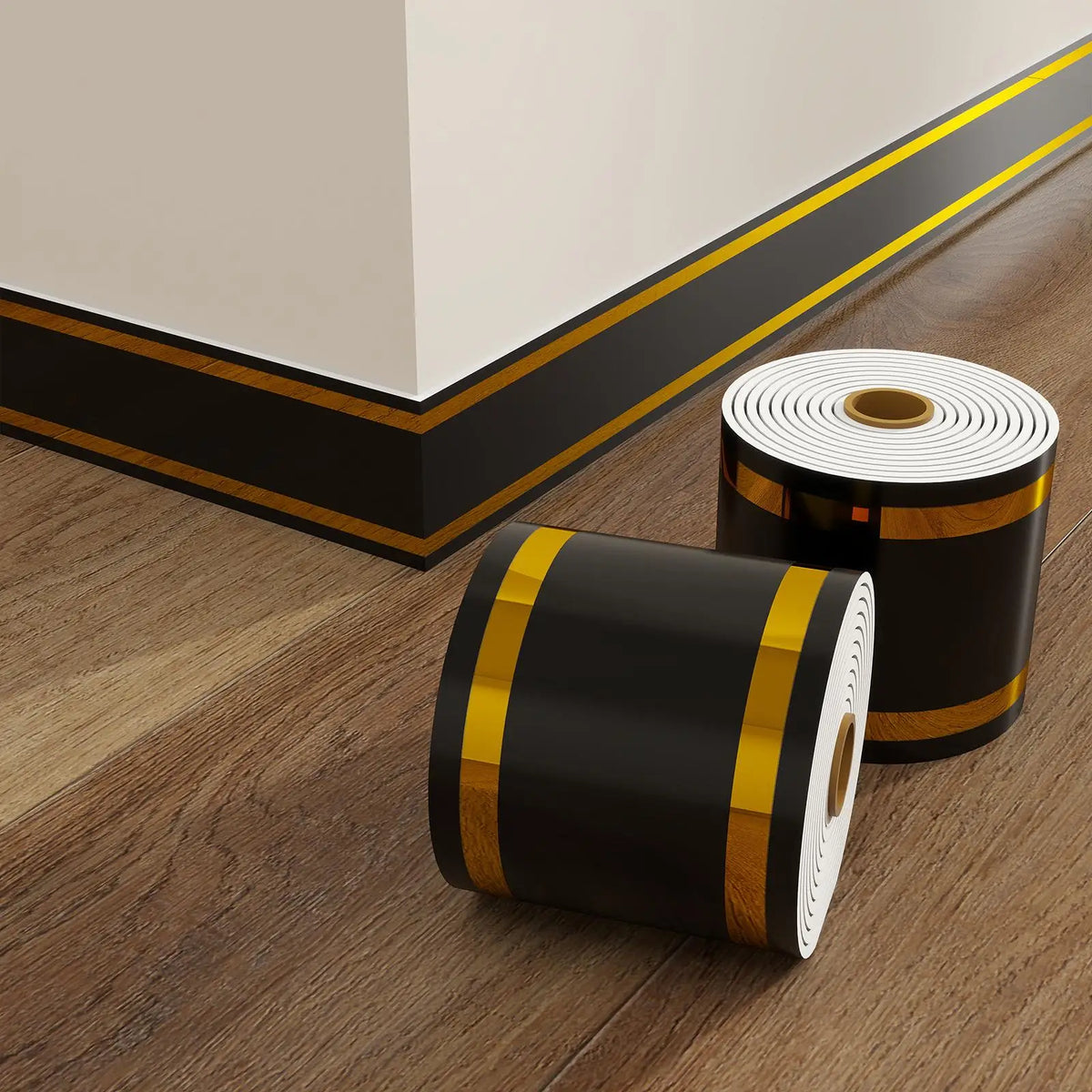 Rolls of black and gold self-adhesive PVC skirting board trim for flooring