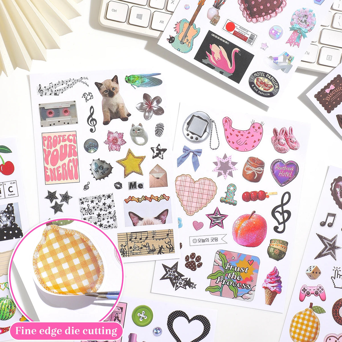 A collection of aesthetic die-cut stickers featuring Y2K and pink decorative themes for journaling and crafting