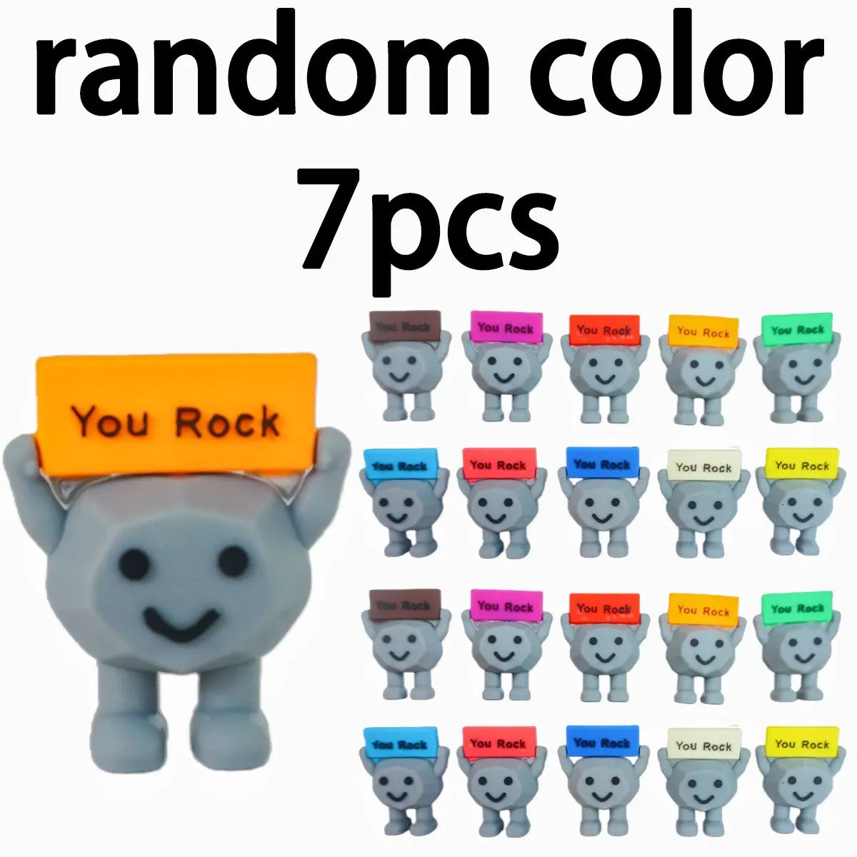 A set of seven You Rock mini figurines in various colors and expressions for positive encouragement desk decor.