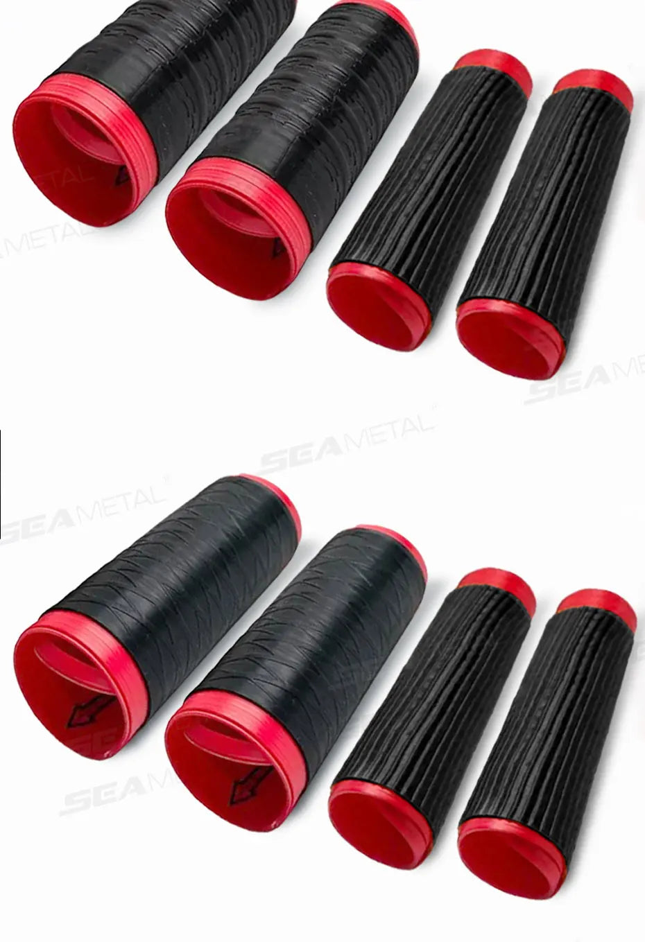Several black silicone handlebar grip covers with red accents are shown in various rolls.