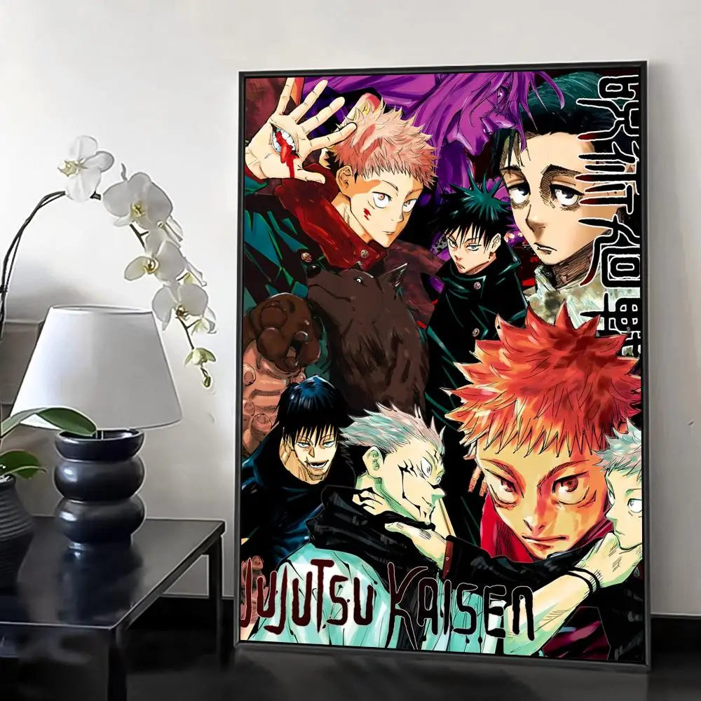 Wall art featuring a dynamic illustration of Jujutsu Kaisen characters in a dark and vibrant style.