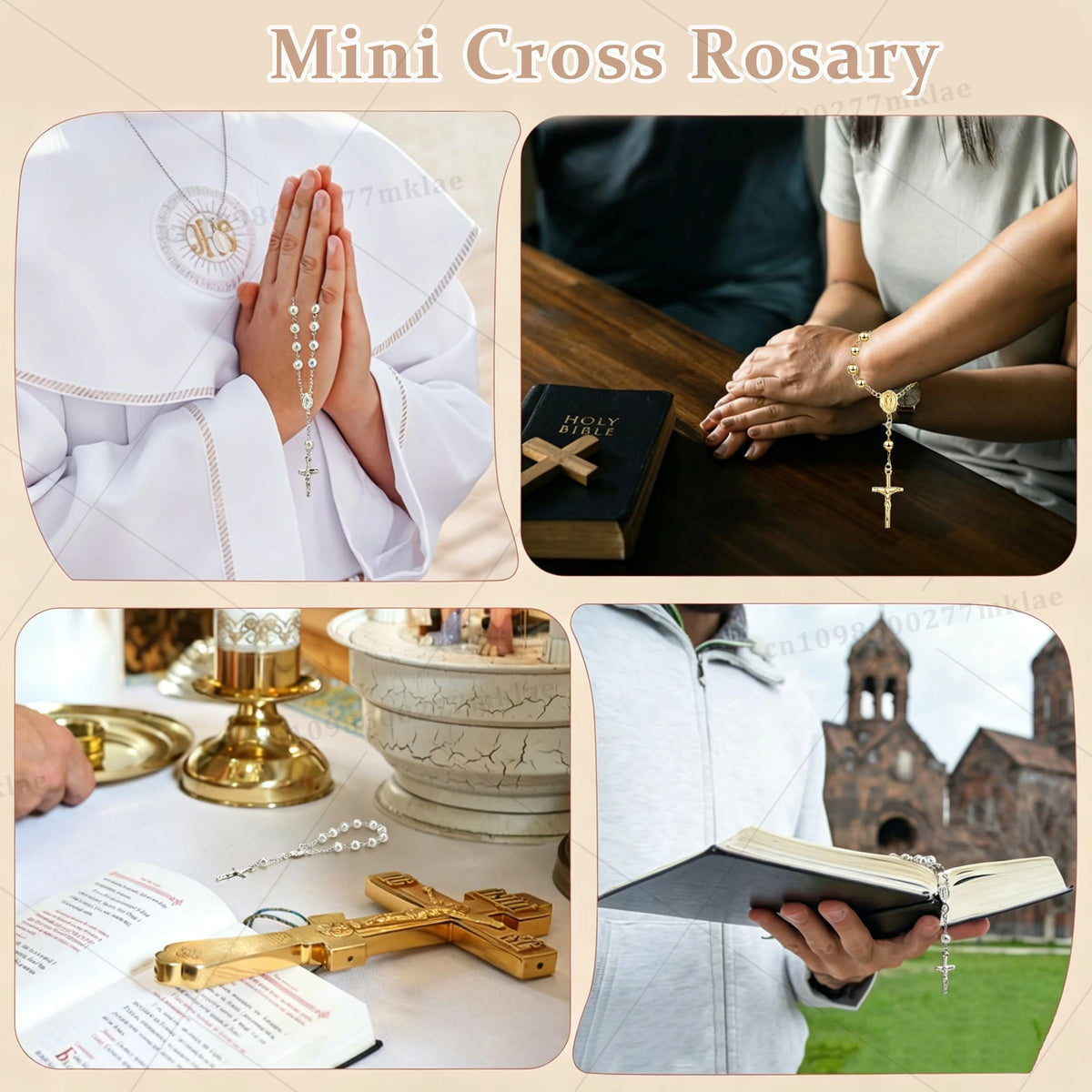 A collection of mini baptism rosary favors with various cross styles shown in different contexts.