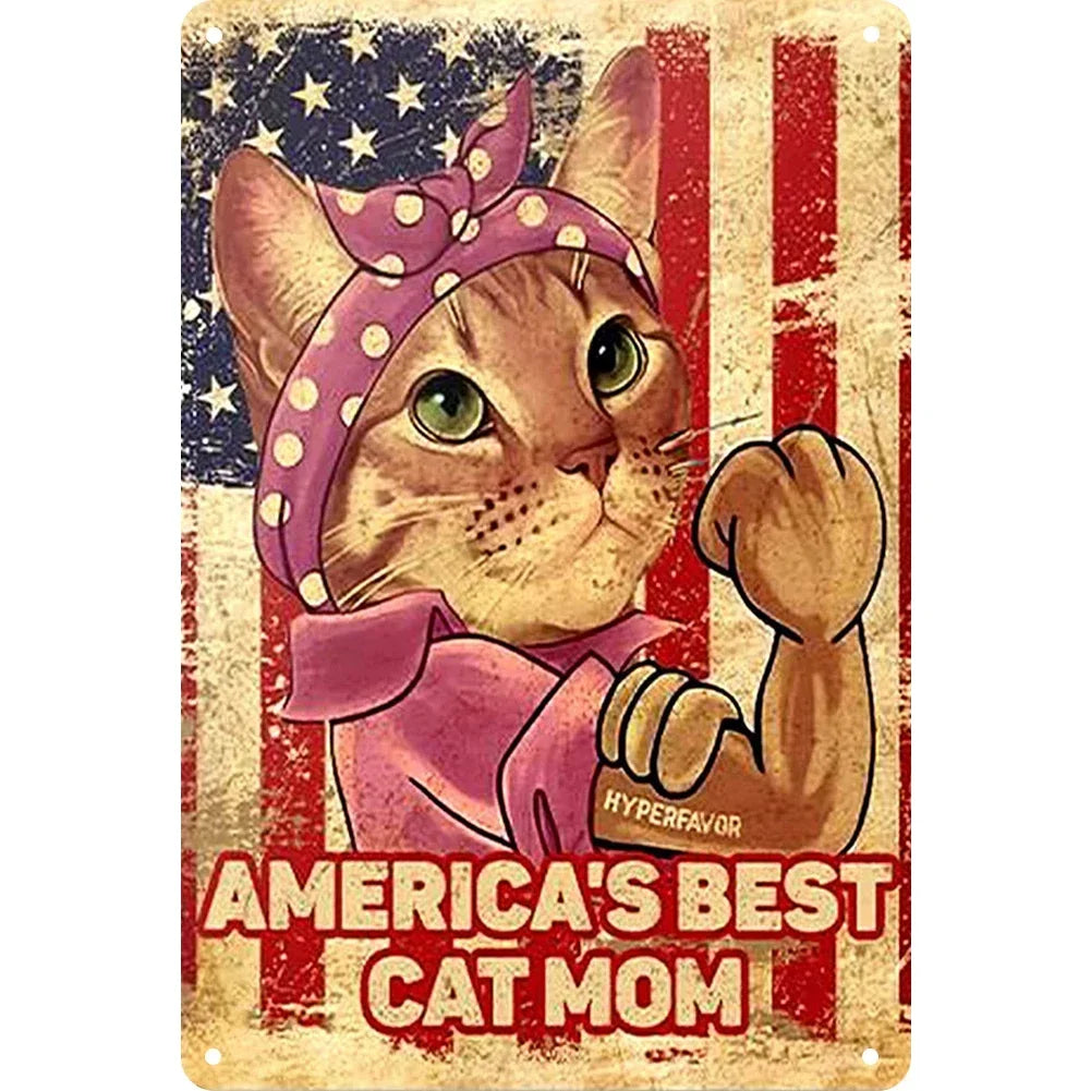 A vintage metal sign featuring a cat illustration and the text America's best cat mom.