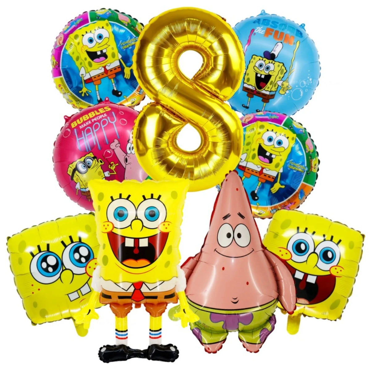 A set of nine foil balloons featuring characters from SpongeBob SquarePants