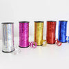A collection of glitter curling ribbon rolls in various colors including silver, pink, gold, red, and blue.