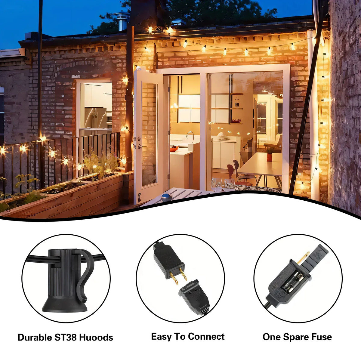 A set of solar powered outdoor string lights illuminating a modern house facade at dusk.