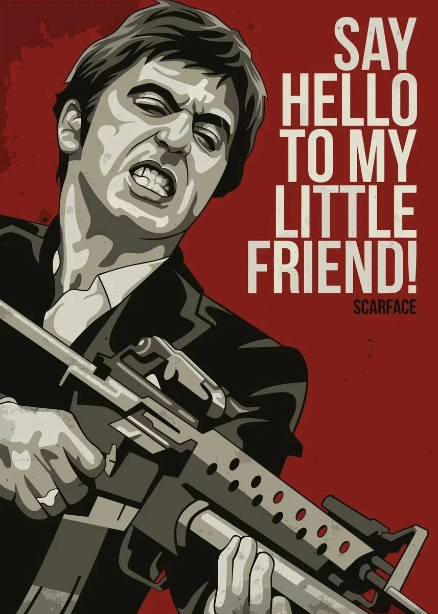 Illustration stylisée d'un homme tenant un fusil d'assaut sur fond rouge, référence au film Scarface.