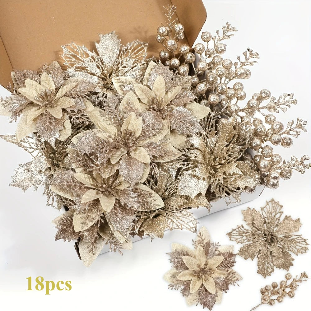 Glitter Christmas Berry & Flower Bouquet Ornaments (Set of 18)