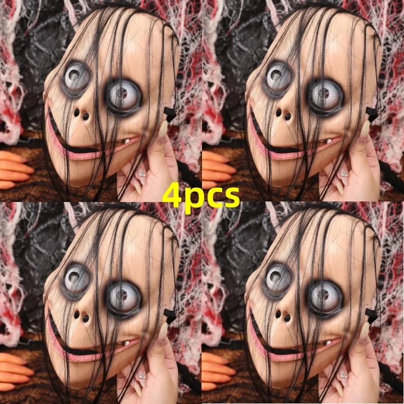 Four full face creepy Halloween evil clown masks with stitched features and dark makeup