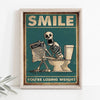 A vintage-style illustration of a skeleton man squatting on a toilet with the text You're losing weight.