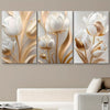 A set of three modern 3D floral canvas wall art pieces featuring white and gold lotus flowers.