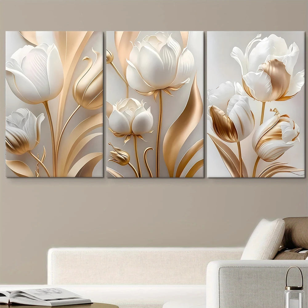 A set of three modern 3D floral canvas wall art pieces featuring white and gold lotus flowers.