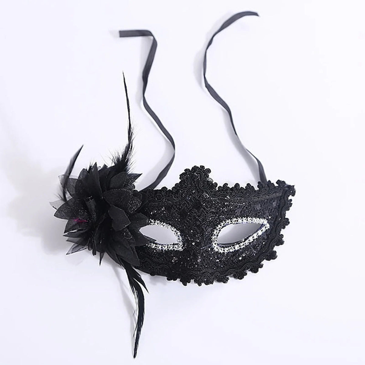 Black lace masquerade mask adorned with black feathers and rhinestones